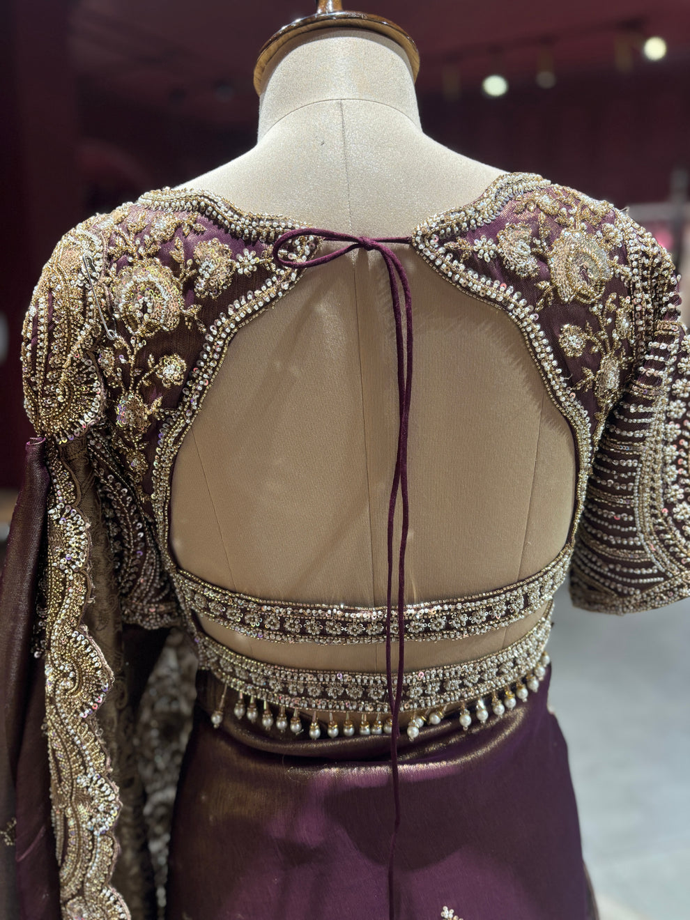 Ultra Luxury Brown / Deep Wine / Maroon Silk Saree with Pearl, Zari, Sequins, Cutdana, Beads, Diamond Embroidery Work Saree with Readymade Blouse (SC42113) - Image 4