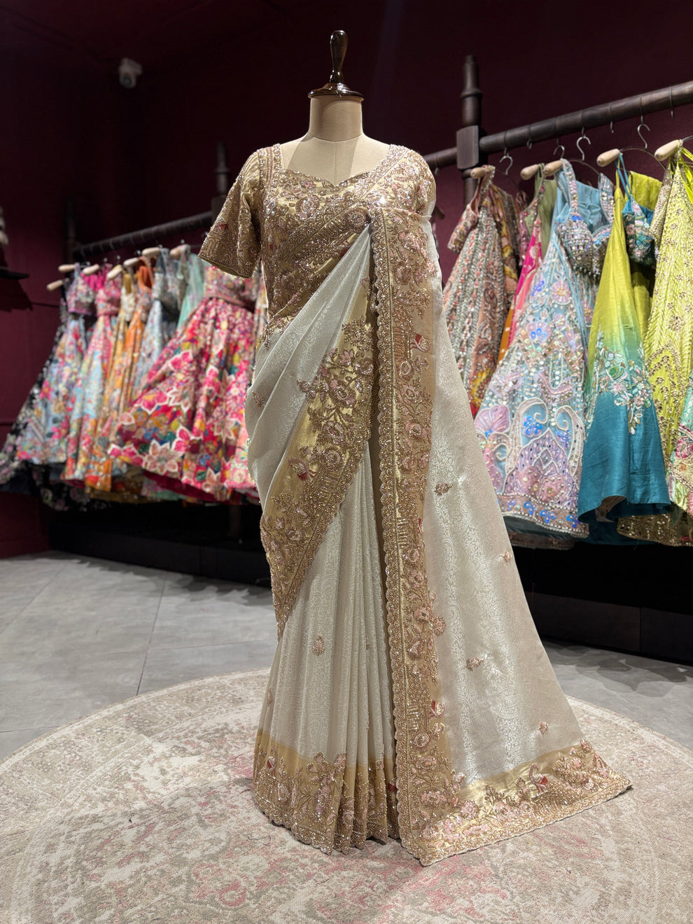 Royale Ivory Gold Luxury Designer Silk Saree with Pearl, Zari, Sequins, Cutdana, Beads, Embroidery Work Saree with Readymade Blouse (SC45112) - Image 6