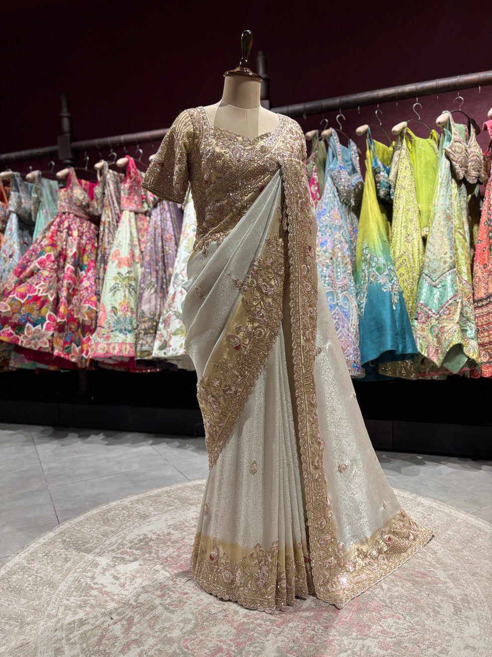 Royale Ivory Gold Luxury Designer Silk Saree with Pearl, Zari, Sequins, Cutdana, Beads, Embroidery Work Saree with Readymade Blouse (SC45112) - Image 3