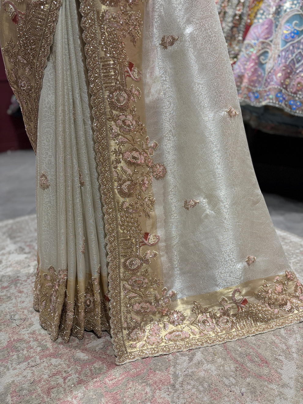 Royale Ivory Gold Luxury Designer Silk Saree with Pearl, Zari, Sequins, Cutdana, Beads, Embroidery Work Saree with Readymade Blouse (SC45112) - Image 7