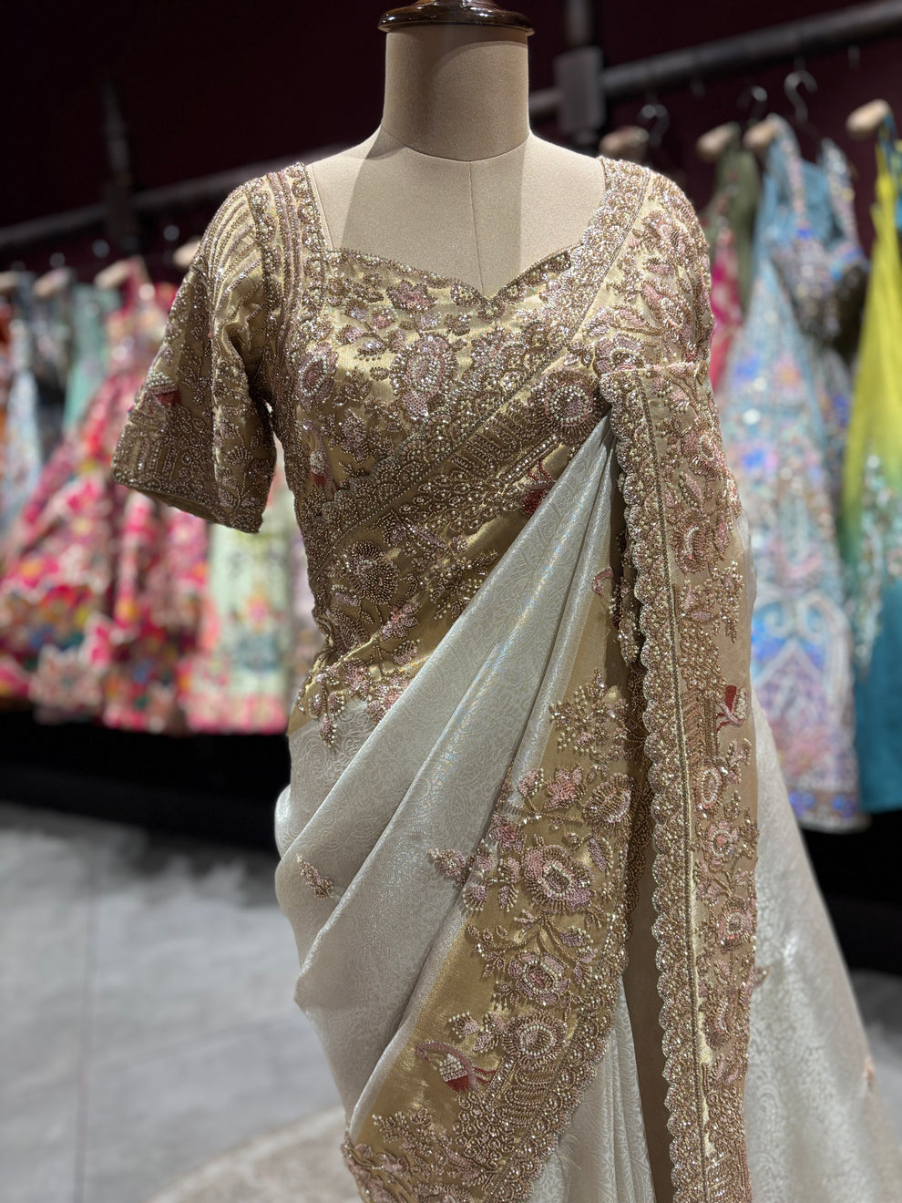 Royale Ivory Gold Luxury Designer Silk Saree with Pearl, Zari, Sequins, Cutdana, Beads, Embroidery Work Saree with Readymade Blouse (SC45112)