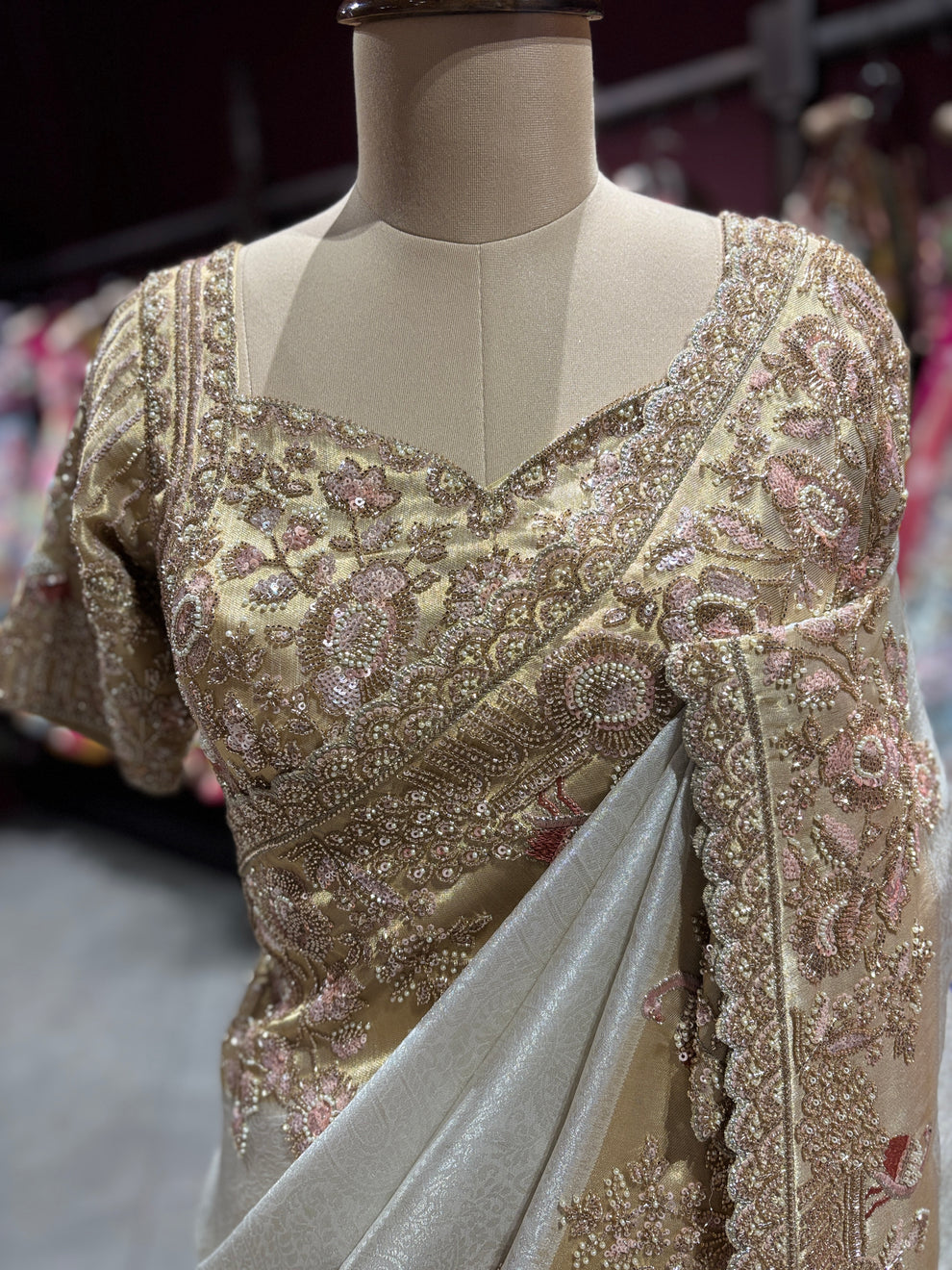 Royale Ivory Gold Luxury Designer Silk Saree with Pearl, Zari, Sequins, Cutdana, Beads, Embroidery Work Saree with Readymade Blouse (SC45112) - Image 2