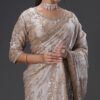 Luxury Gold Fandy Satin Silk Saree with Rose Gold Beads, Cutdana, Sequins Embroidery Work (SC99130)