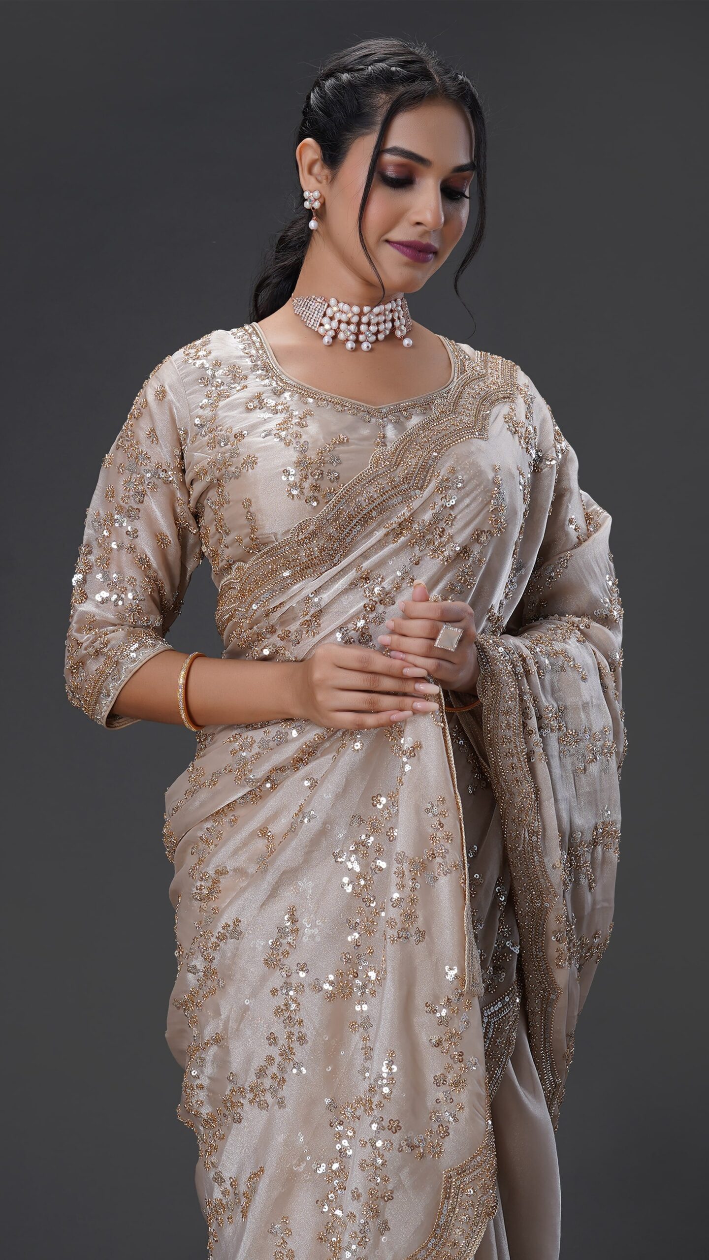 Luxury Gold Fandy Satin Silk Saree with Rose Gold Beads, Cutdana, Sequins Embroidery Work (SC99130)