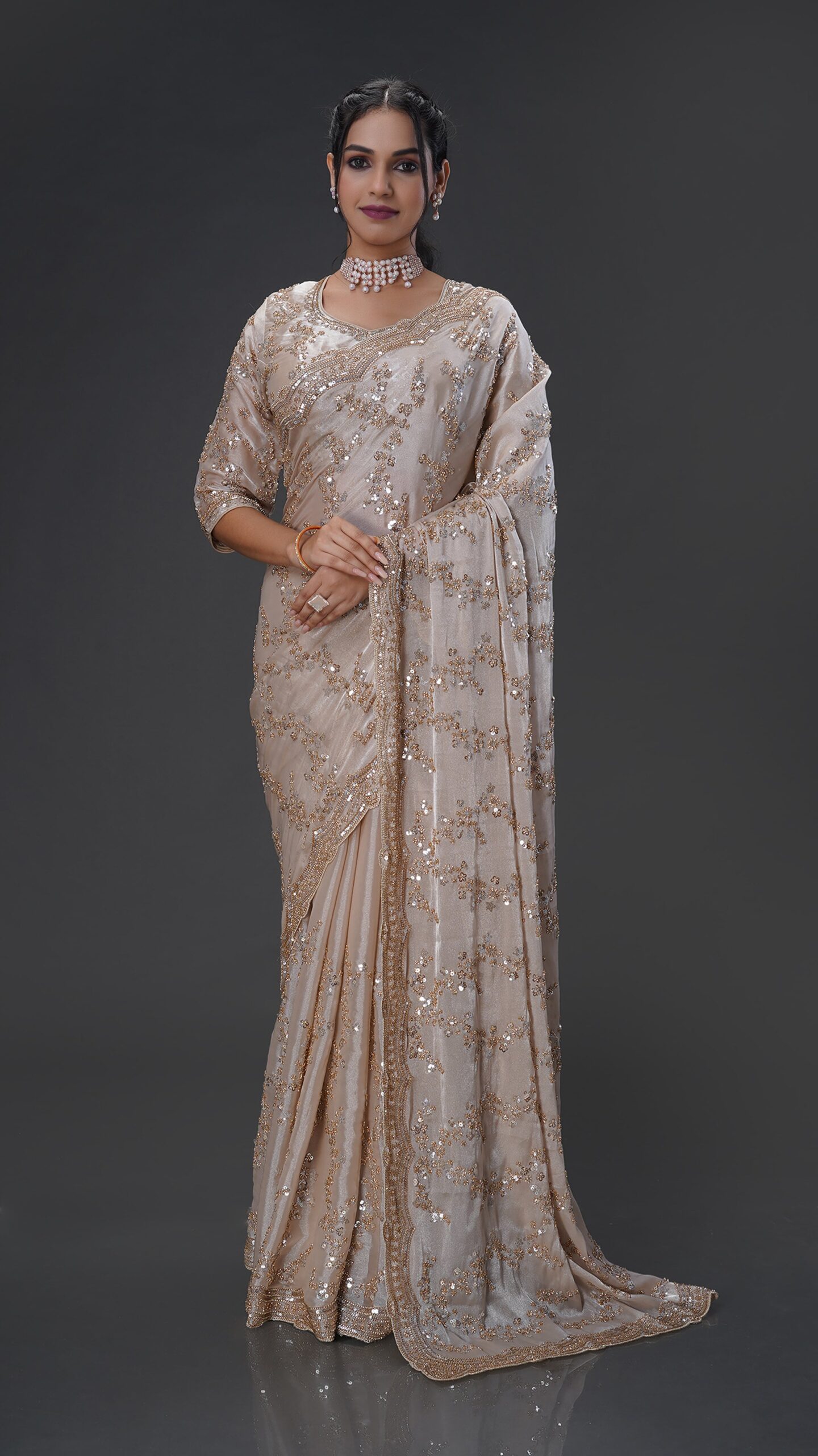 Luxury Gold Fandy Satin Silk Saree with Rose Gold Beads, Cutdana, Sequins Embroidery Work (SC99130) - Image 5