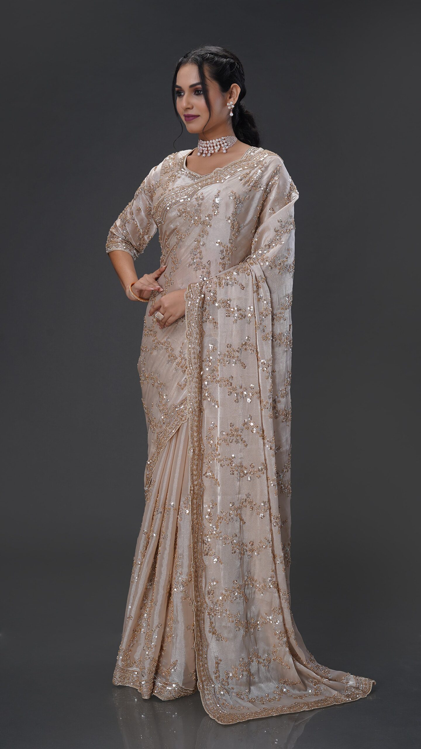 Luxury Gold Fandy Satin Silk Saree with Rose Gold Beads, Cutdana, Sequins Embroidery Work (SC99130) - Image 4