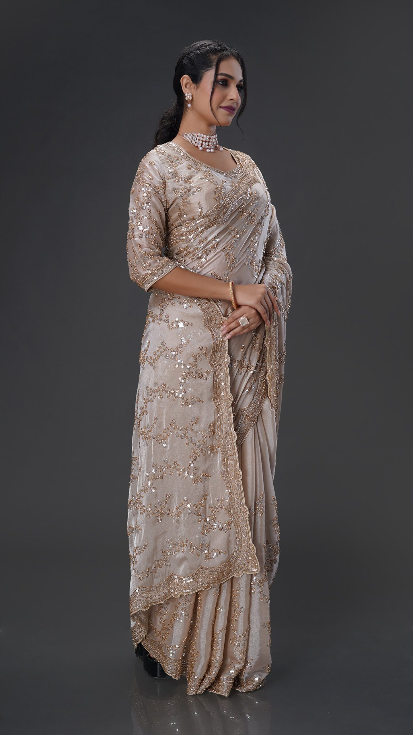 Luxury Gold Fandy Satin Silk Saree with Rose Gold Beads, Cutdana, Sequins Embroidery Work (SC99130) - Image 6