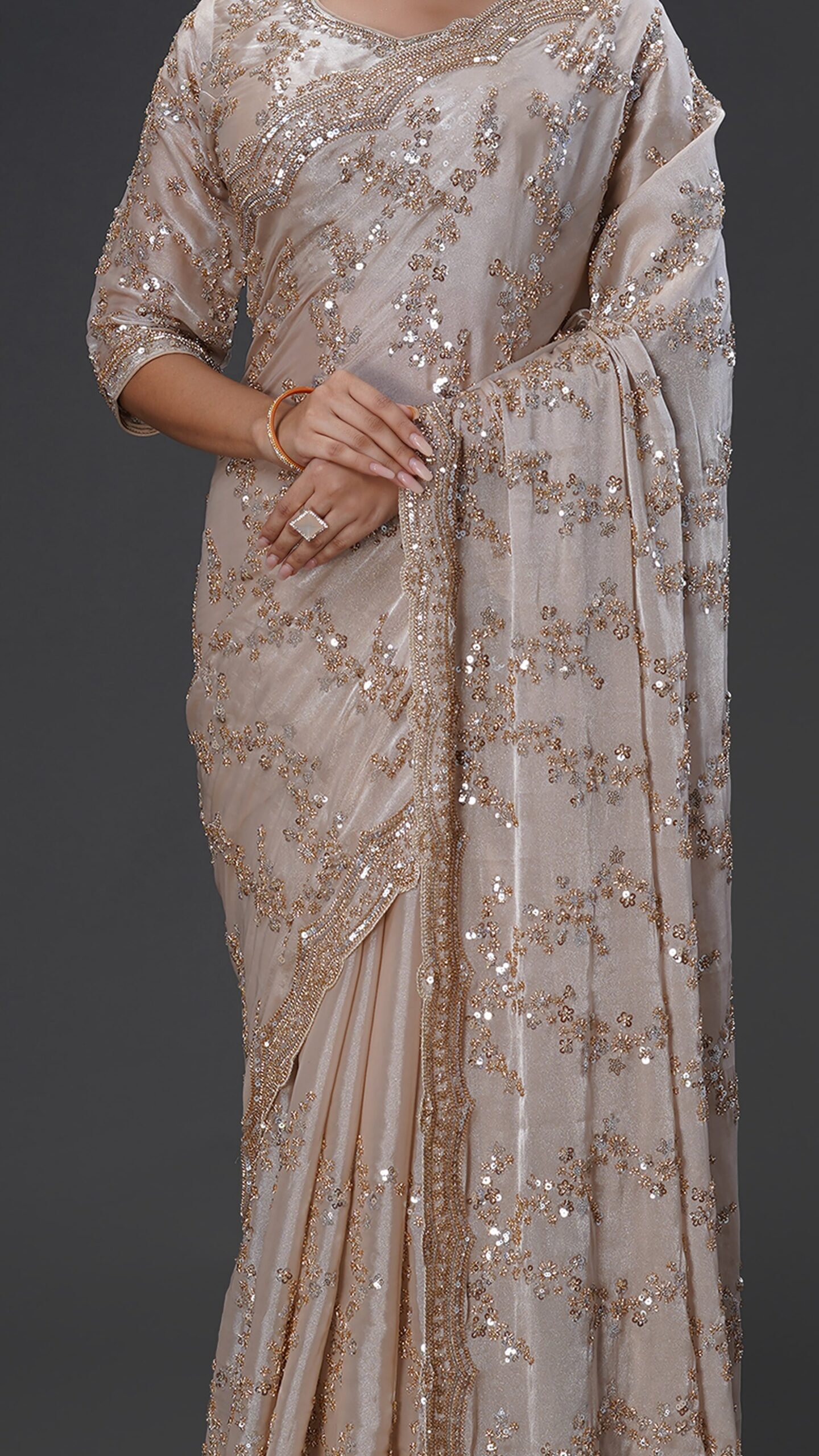 Luxury Gold Fandy Satin Silk Saree with Rose Gold Beads, Cutdana, Sequins Embroidery Work (SC99130) - Image 2