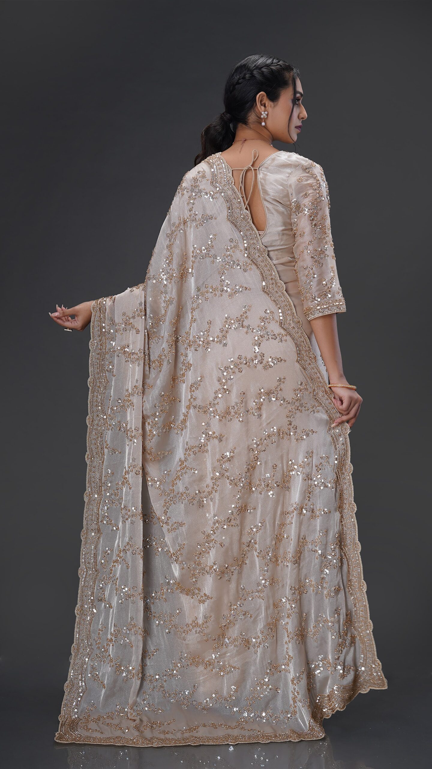 Luxury Gold Fandy Satin Silk Saree with Rose Gold Beads, Cutdana, Sequins Embroidery Work (SC99130) - Image 3