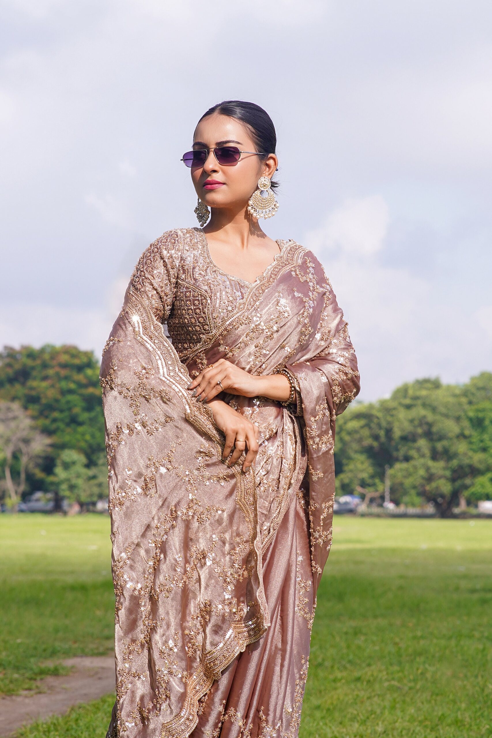 Luxury Copper Brown Fandy Satin Silk Saree with Rose Gold Beads, Cutdana, Sequins Embroidery Work (SC99135)