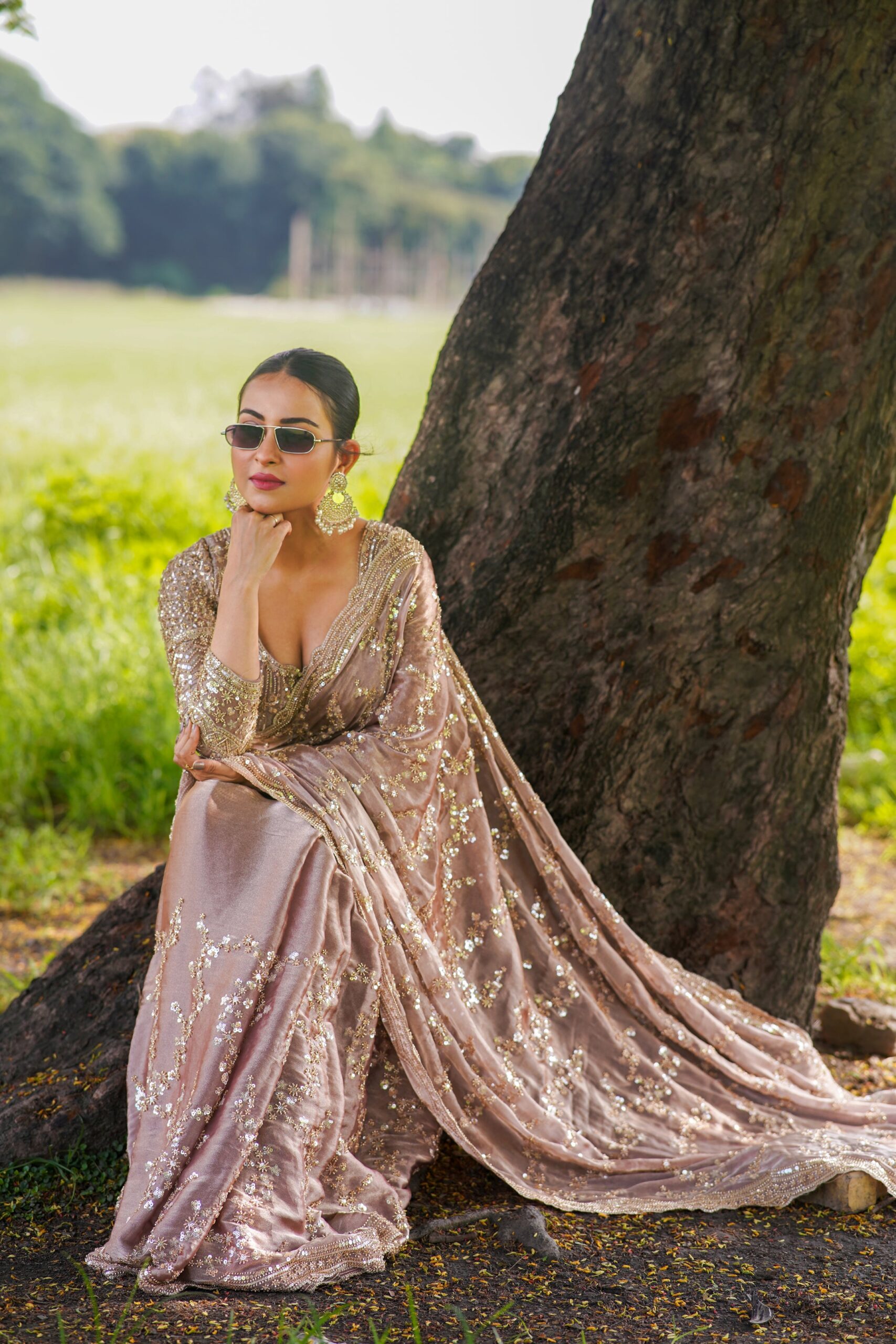 Luxury Copper Brown Fandy Satin Silk Saree with Rose Gold Beads, Cutdana, Sequins Embroidery Work (SC99135) - Image 2