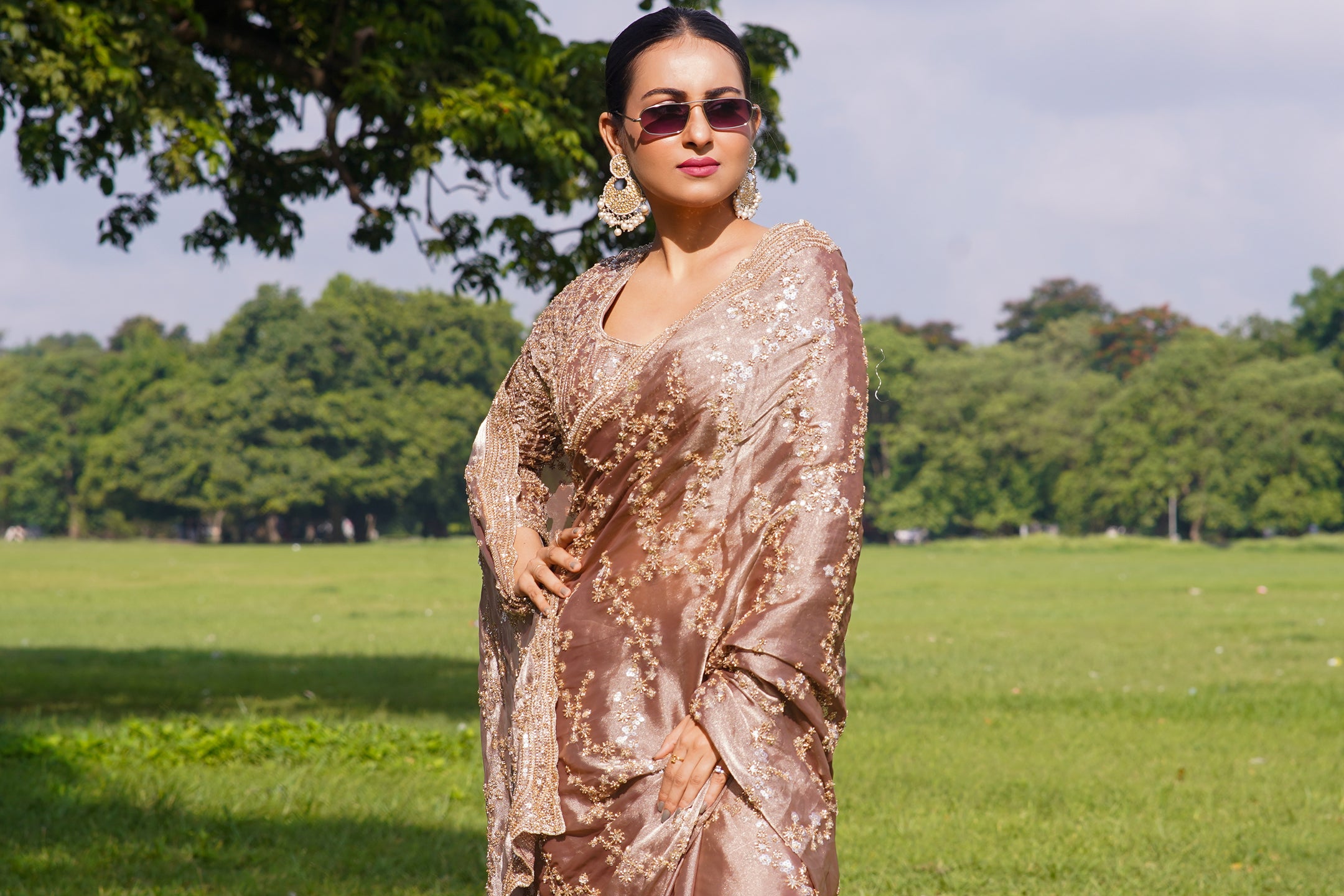 Luxury Copper Brown Fandy Satin Silk Saree with Rose Gold Beads, Cutdana, Sequins Embroidery Work (SC99135) - Image 3