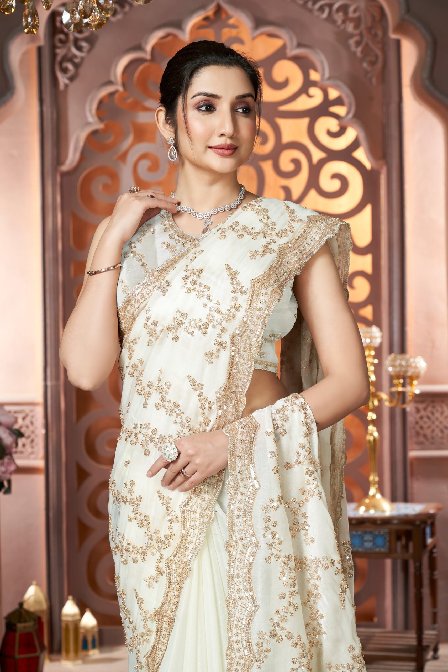 Luxury Ivory Pearl Fandy Satin Silk Saree with Rose Gold Beads, Cutdana, Sequins Embroidery Work (SC99134)