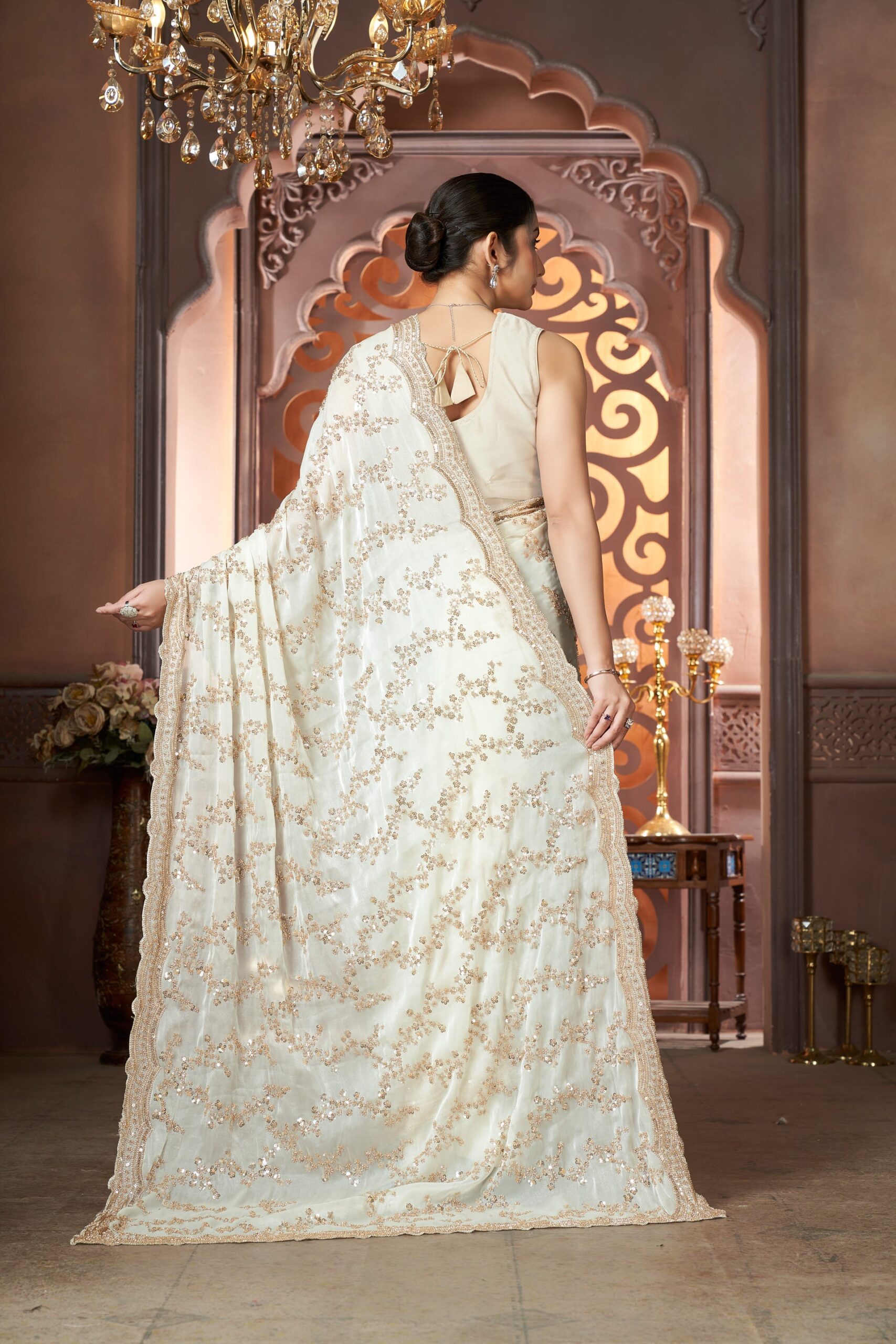 Luxury Ivory Pearl Fandy Satin Silk Saree with Rose Gold Beads, Cutdana, Sequins Embroidery Work (SC99134) - Image 4
