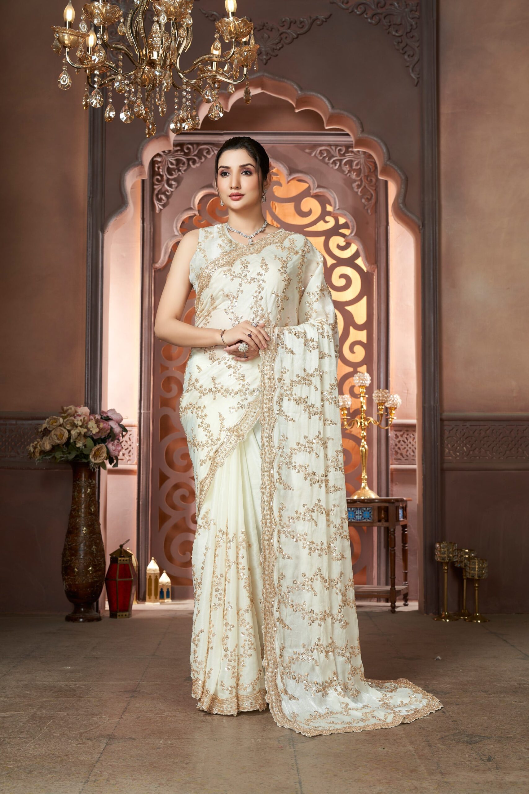 Luxury Ivory Pearl Fandy Satin Silk Saree with Rose Gold Beads, Cutdana, Sequins Embroidery Work (SC99134) - Image 2