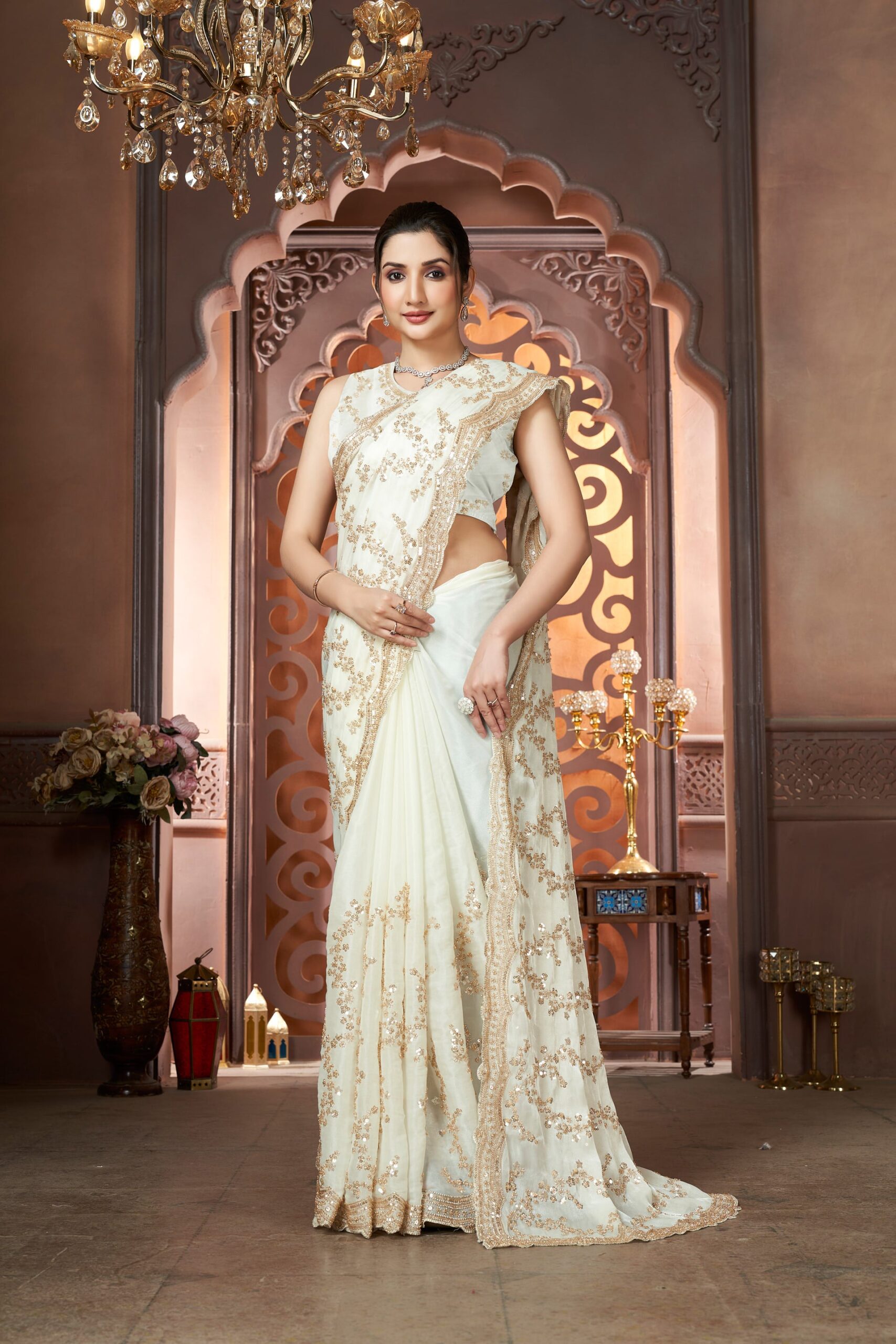 Luxury Ivory Pearl Fandy Satin Silk Saree with Rose Gold Beads, Cutdana, Sequins Embroidery Work (SC99134) - Image 3