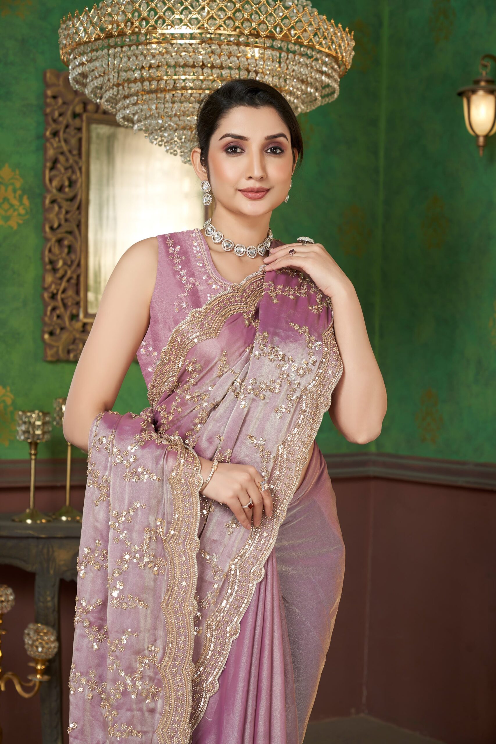 Luxury Baby Pink Fandy Satin Silk Saree with Rose Gold Beads, Cutdana, Sequins Embroidery Work (SC99133)