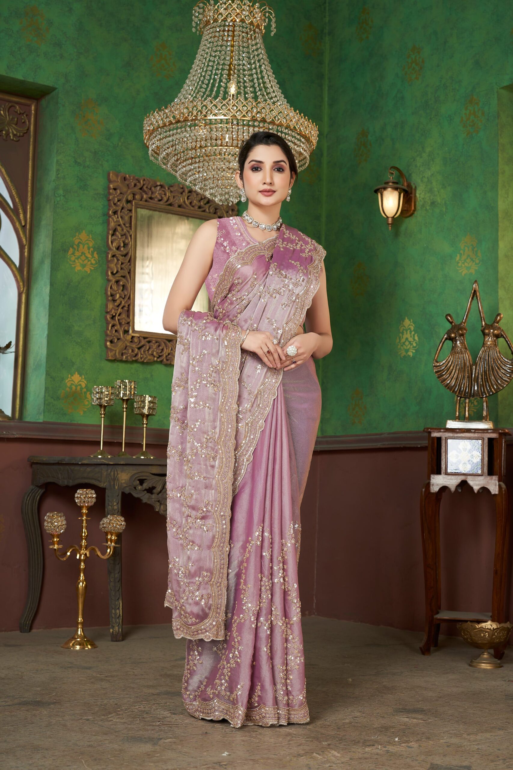 Luxury Baby Pink Fandy Satin Silk Saree with Rose Gold Beads, Cutdana, Sequins Embroidery Work (SC99133) - Image 4