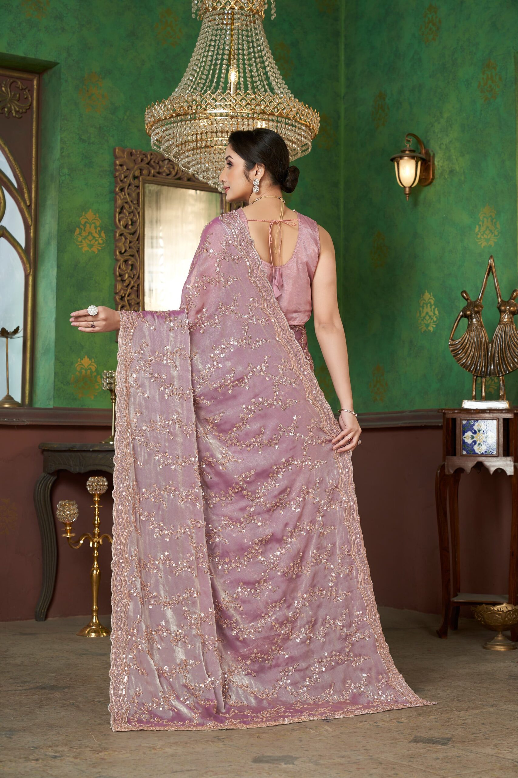 Luxury Baby Pink Fandy Satin Silk Saree with Rose Gold Beads, Cutdana, Sequins Embroidery Work (SC99133) - Image 3