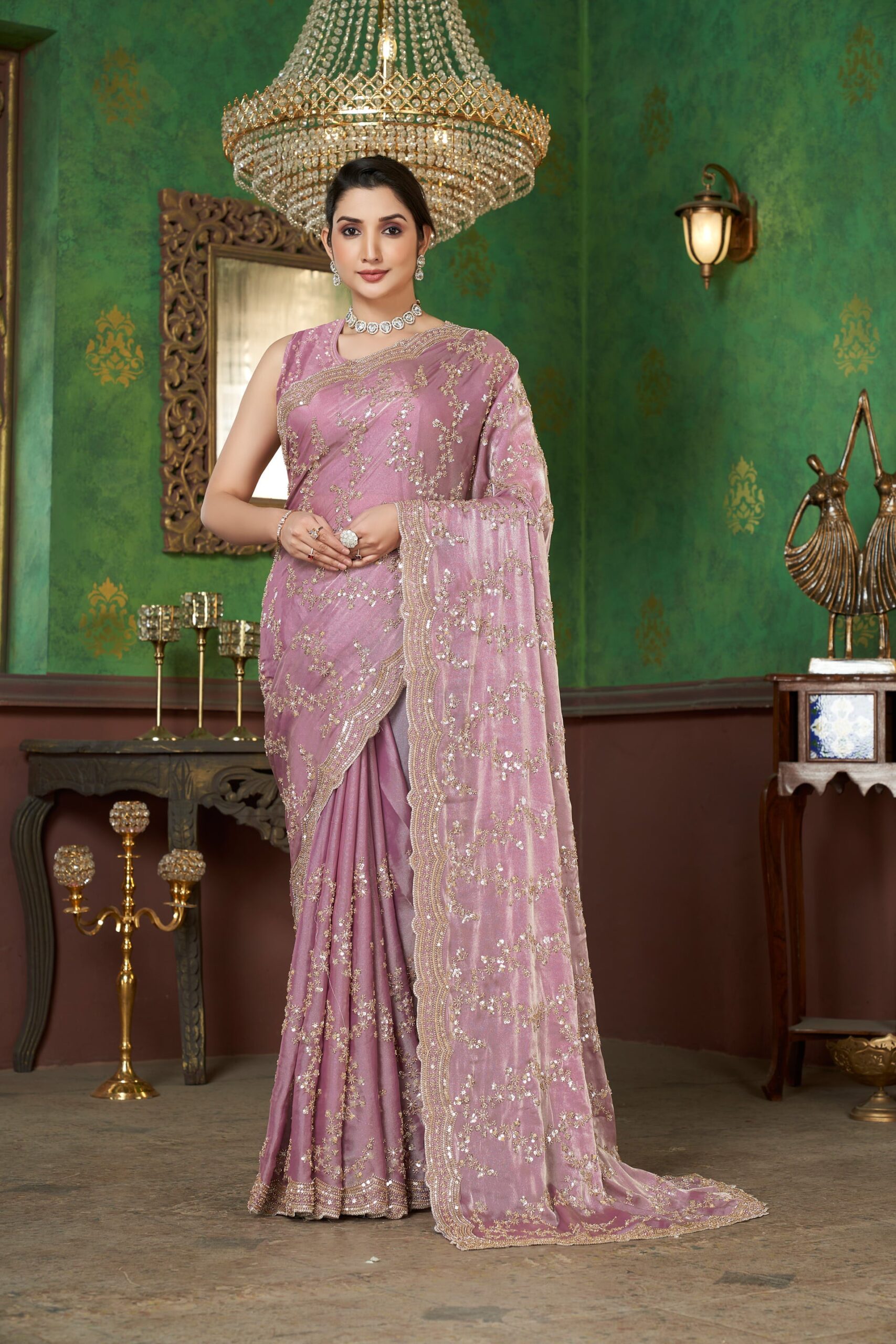 Luxury Baby Pink Fandy Satin Silk Saree with Rose Gold Beads, Cutdana, Sequins Embroidery Work (SC99133) - Image 2