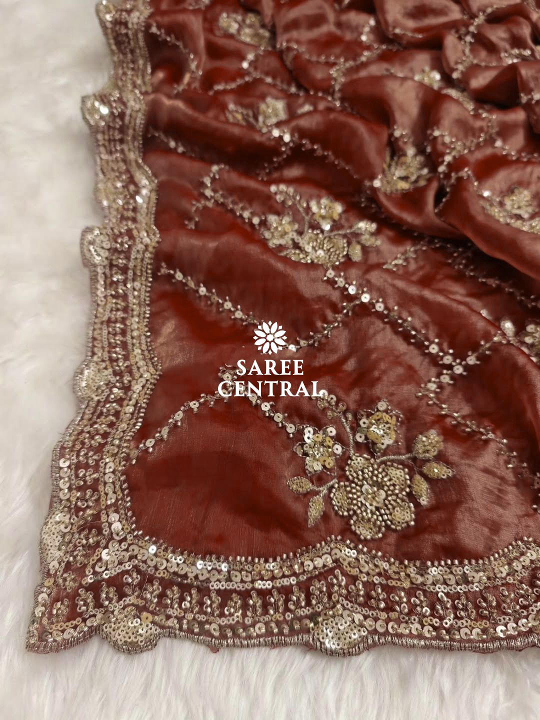 Rust Orange Fandy Satin Silk Saree with Gold Beads, Cutdana, Sequins Embroidery Work (SC113221) - Image 3