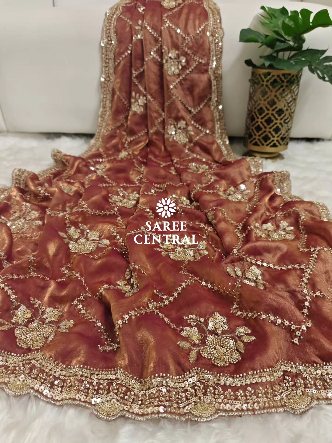 Rust Orange Fandy Satin Silk Saree with Gold Beads, Cutdana, Sequins Embroidery Work (SC113221) - Image 2
