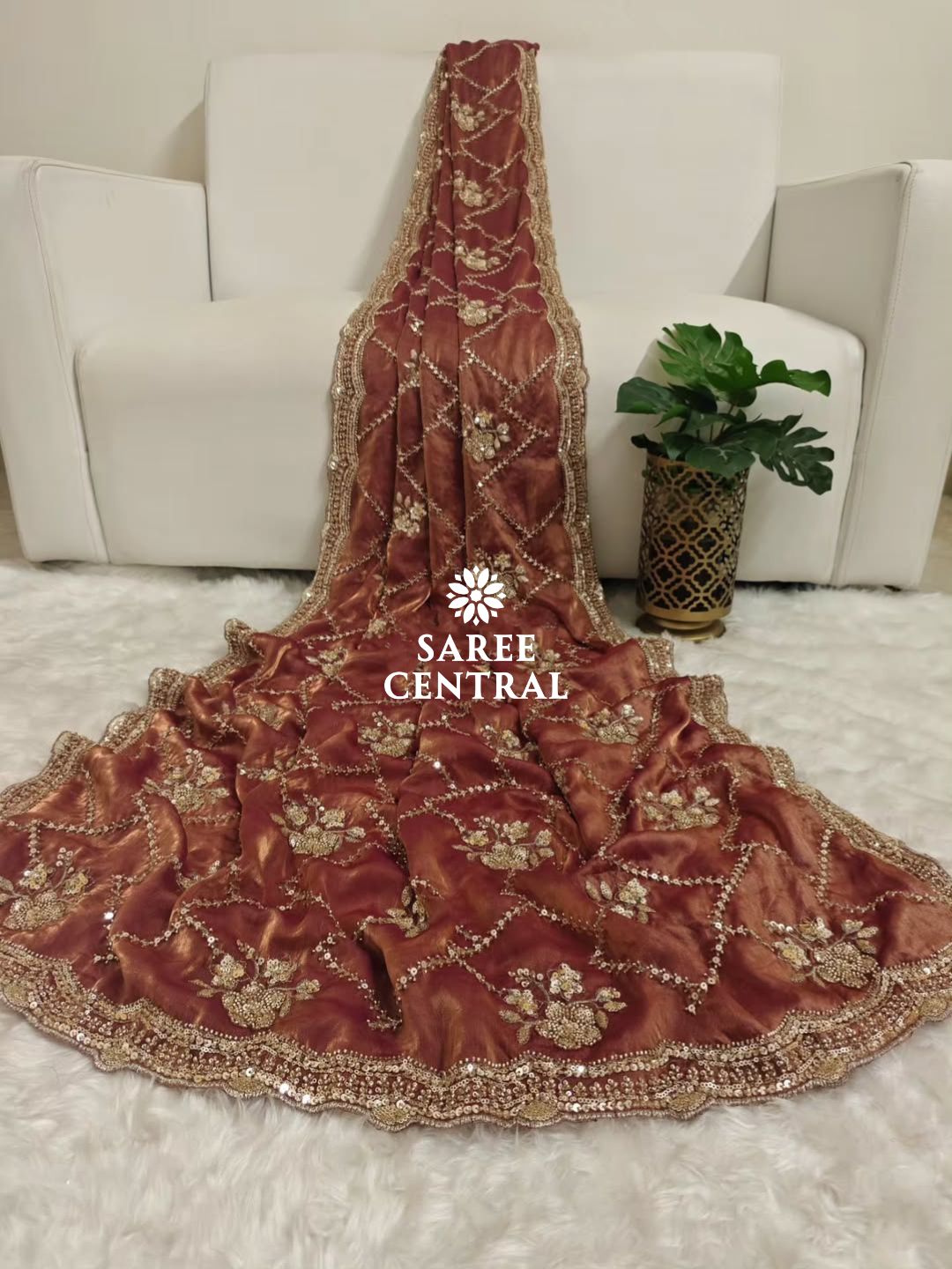 Rust Orange Fandy Satin Silk Saree with Gold Beads, Cutdana, Sequins Embroidery Work (SC113221)