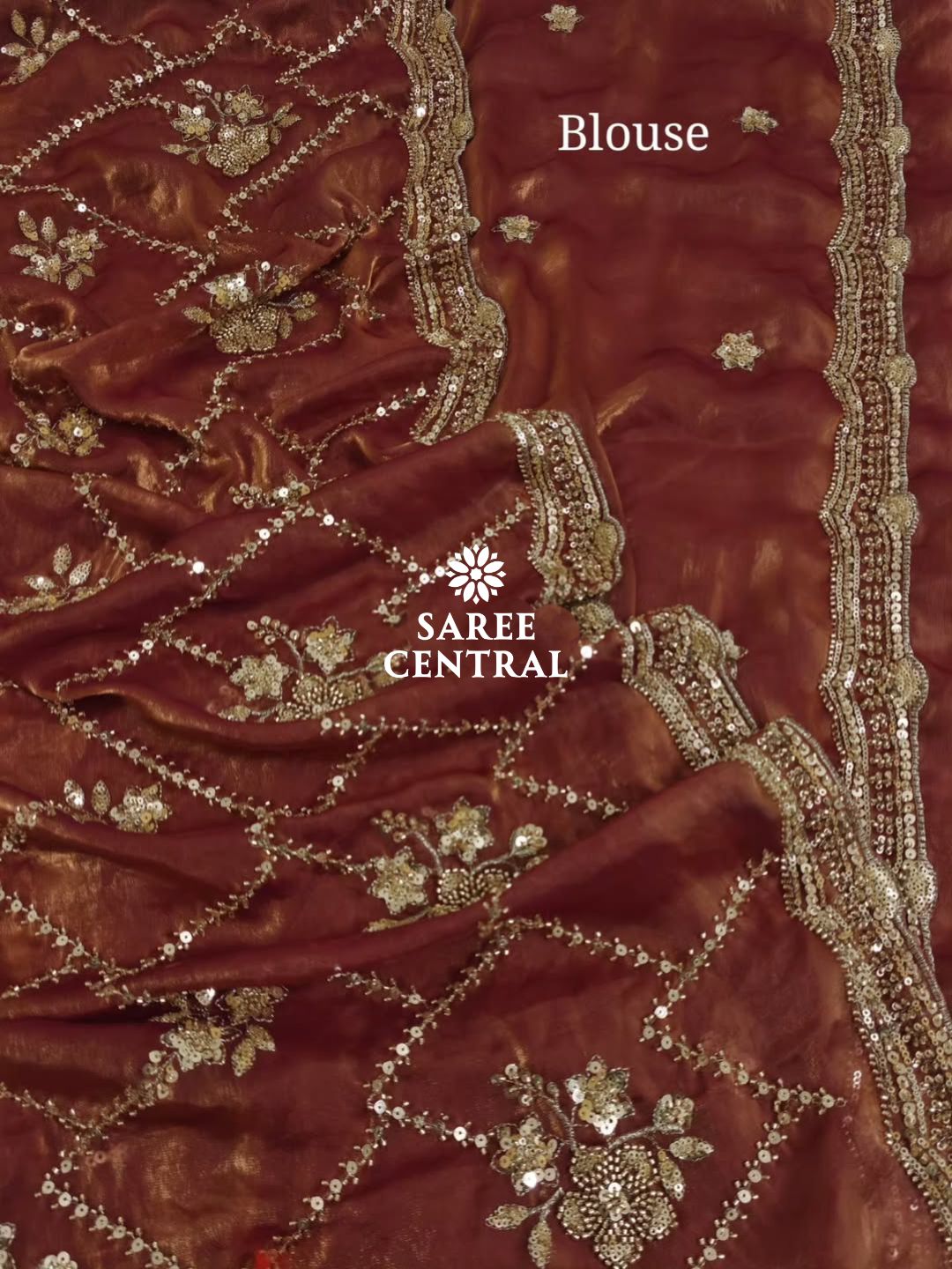 Rust Orange Fandy Satin Silk Saree with Gold Beads, Cutdana, Sequins Embroidery Work (SC113221) - Image 13