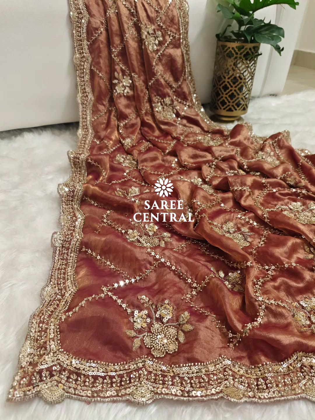 Rust Orange Fandy Satin Silk Saree with Gold Beads, Cutdana, Sequins Embroidery Work (SC113221) - Image 5
