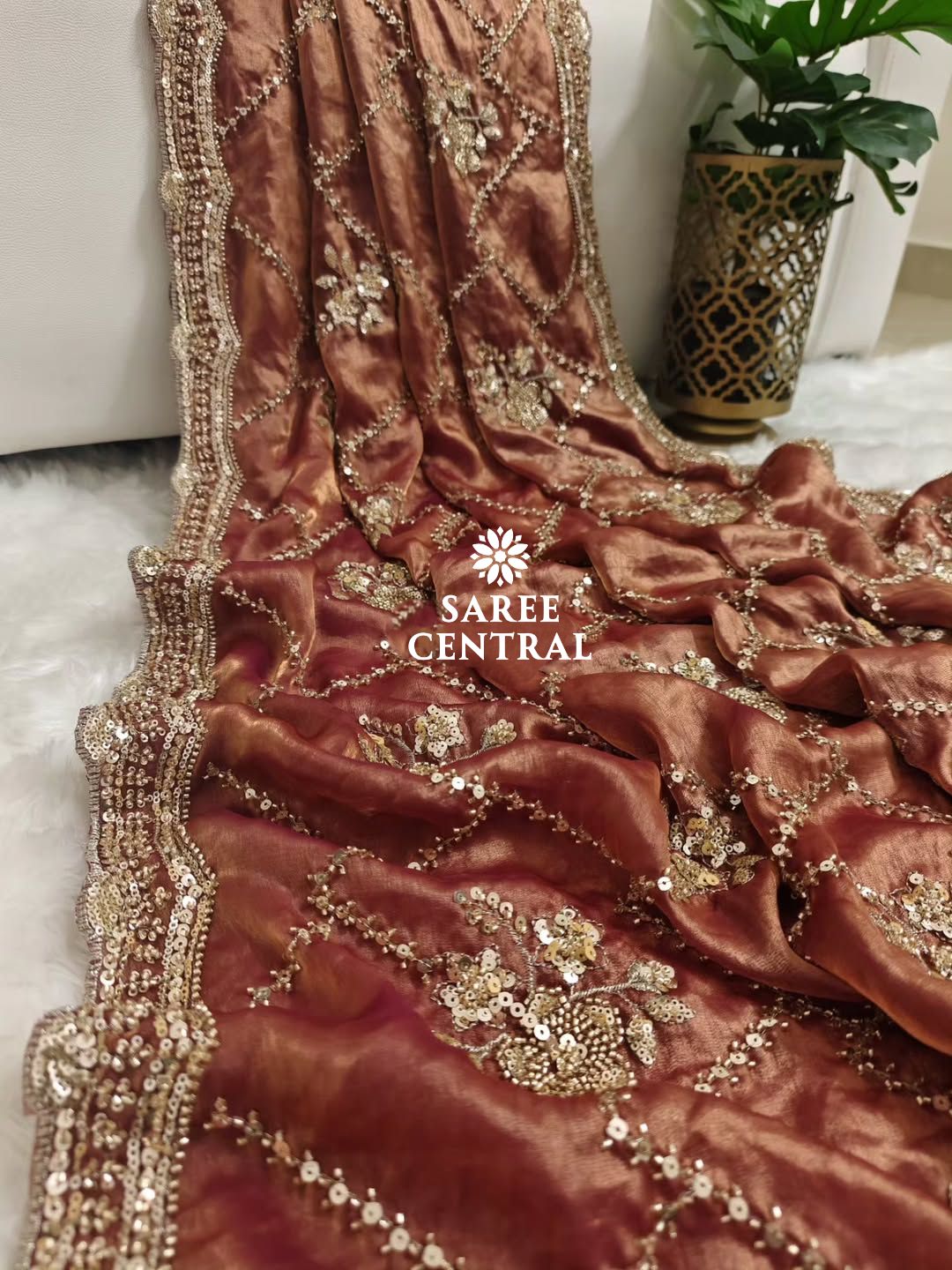 Rust Orange Fandy Satin Silk Saree with Gold Beads, Cutdana, Sequins Embroidery Work (SC113221) - Image 7