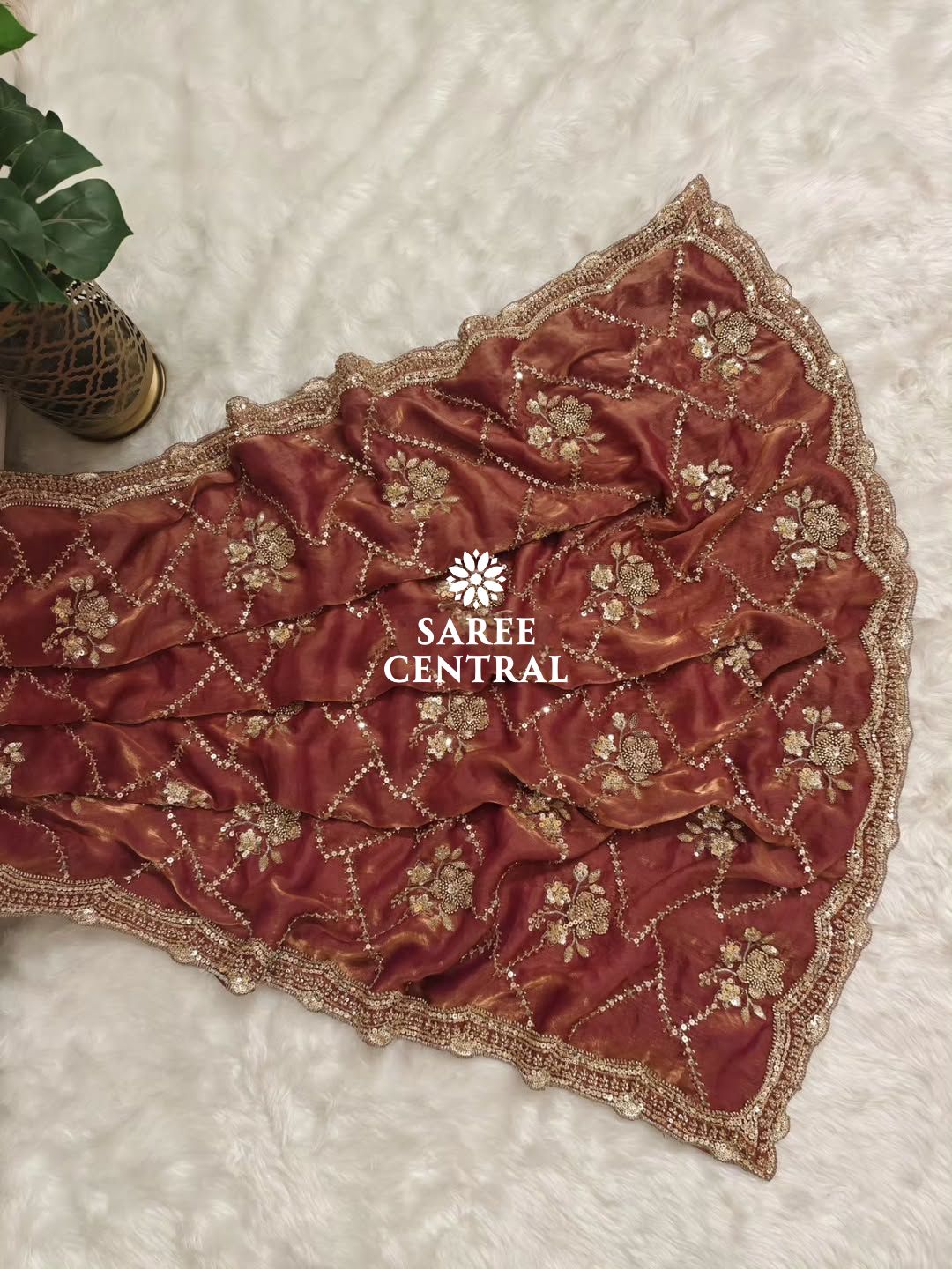 Rust Orange Fandy Satin Silk Saree with Gold Beads, Cutdana, Sequins Embroidery Work (SC113221) - Image 12