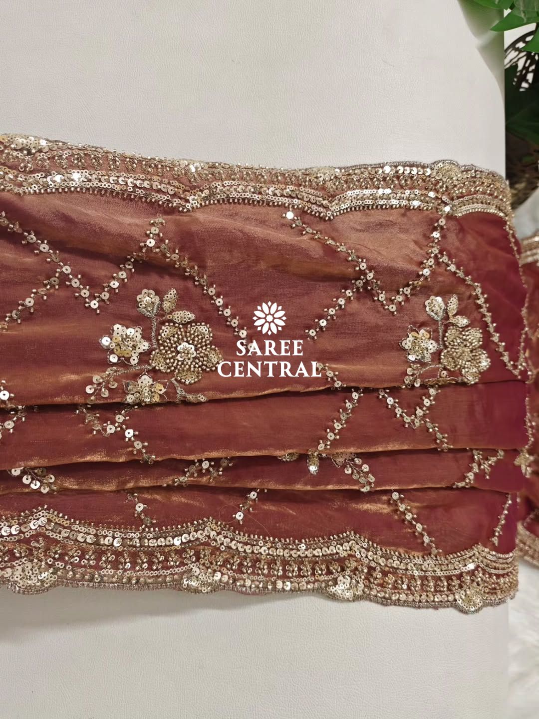 Rust Orange Fandy Satin Silk Saree with Gold Beads, Cutdana, Sequins Embroidery Work (SC113221) - Image 4