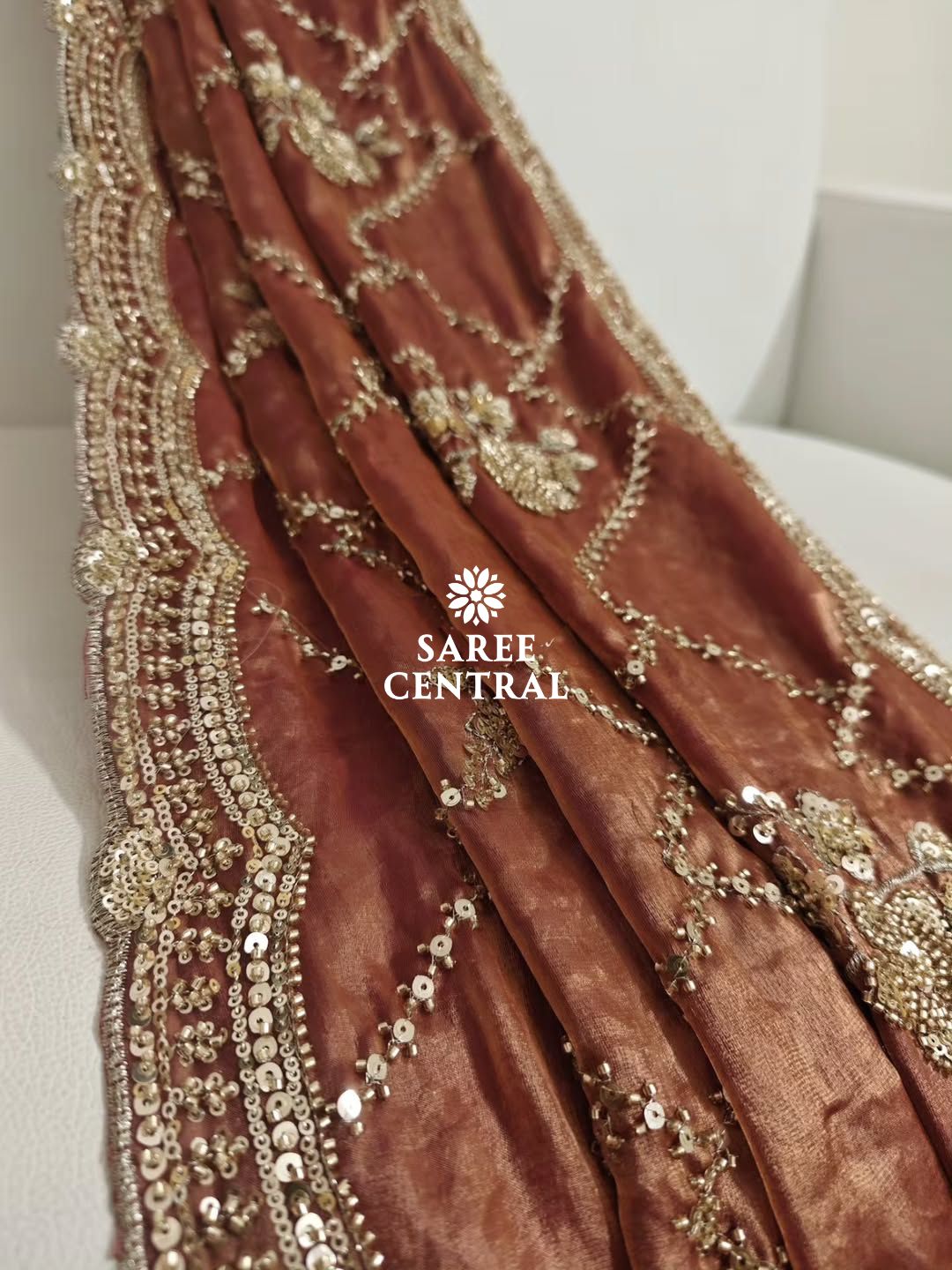 Rust Orange Fandy Satin Silk Saree with Gold Beads, Cutdana, Sequins Embroidery Work (SC113221) - Image 10