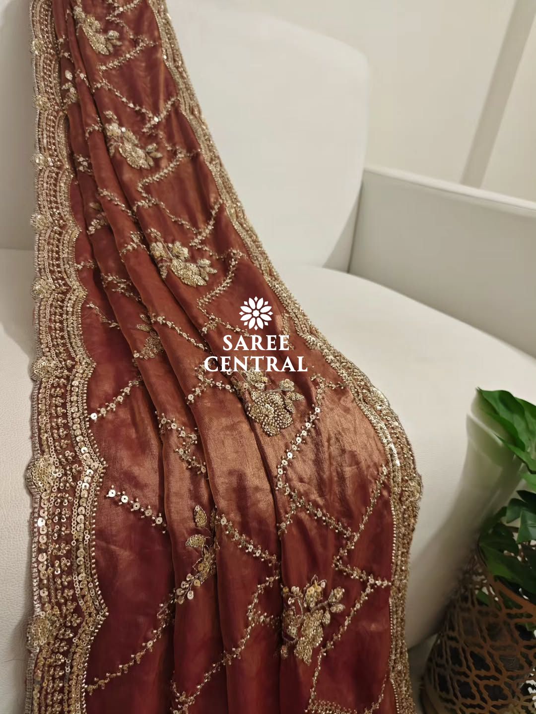 Rust Orange Fandy Satin Silk Saree with Gold Beads, Cutdana, Sequins Embroidery Work (SC113221) - Image 8