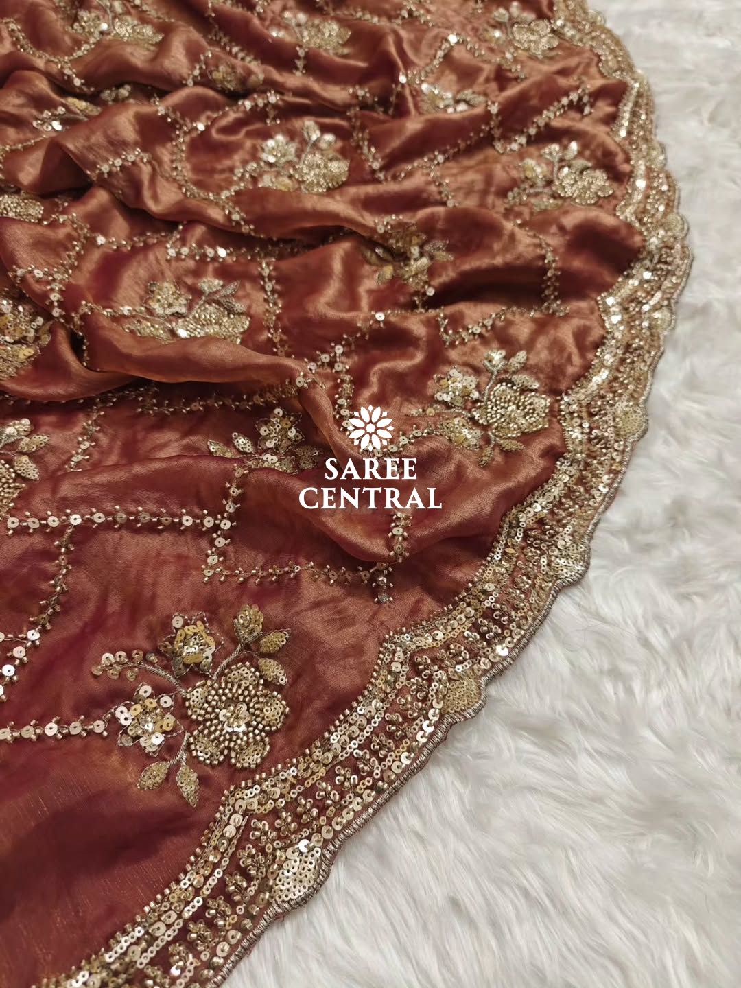 Rust Orange Fandy Satin Silk Saree with Gold Beads, Cutdana, Sequins Embroidery Work (SC113221) - Image 6