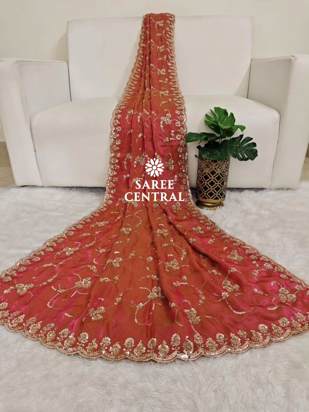 Gajari Pink Ultra Luxury Fandy Satin Silk Saree with Gold Beads, Cutdana, Sequins Embroidery Work (SC22116)
