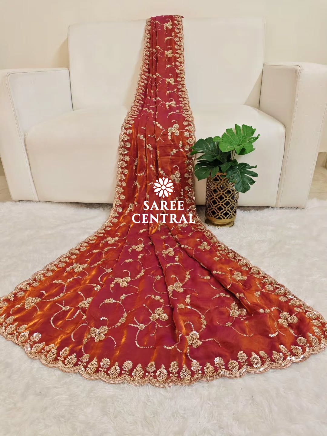 Orange Ultra Luxury Fandy Satin Silk Saree with Gold Beads, Cutdana, Sequins Embroidery Work (SC22115)