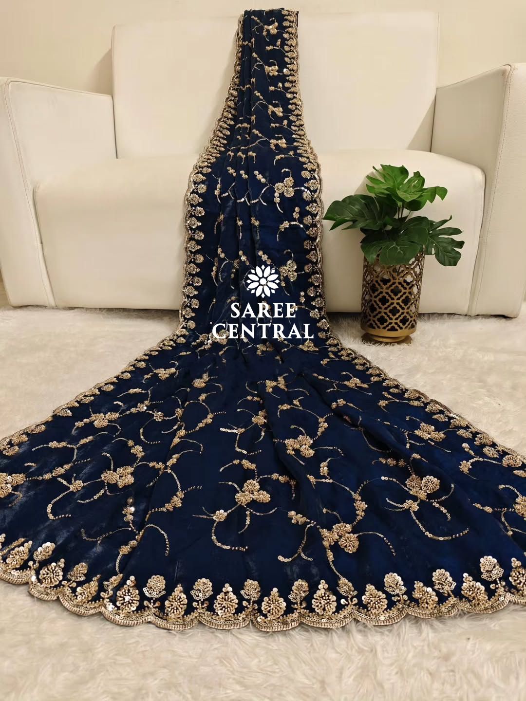 Blue Ultra Luxury Fandy Satin Silk Saree with Gold Beads, Cutdana, Sequins Embroidery Work (SC22111)