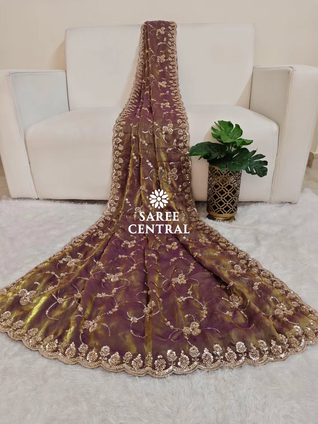 Copper Ultra Luxury Fandy Satin Silk Saree with Gold Beads, Cutdana, Sequins Embroidery Work (SC22117)