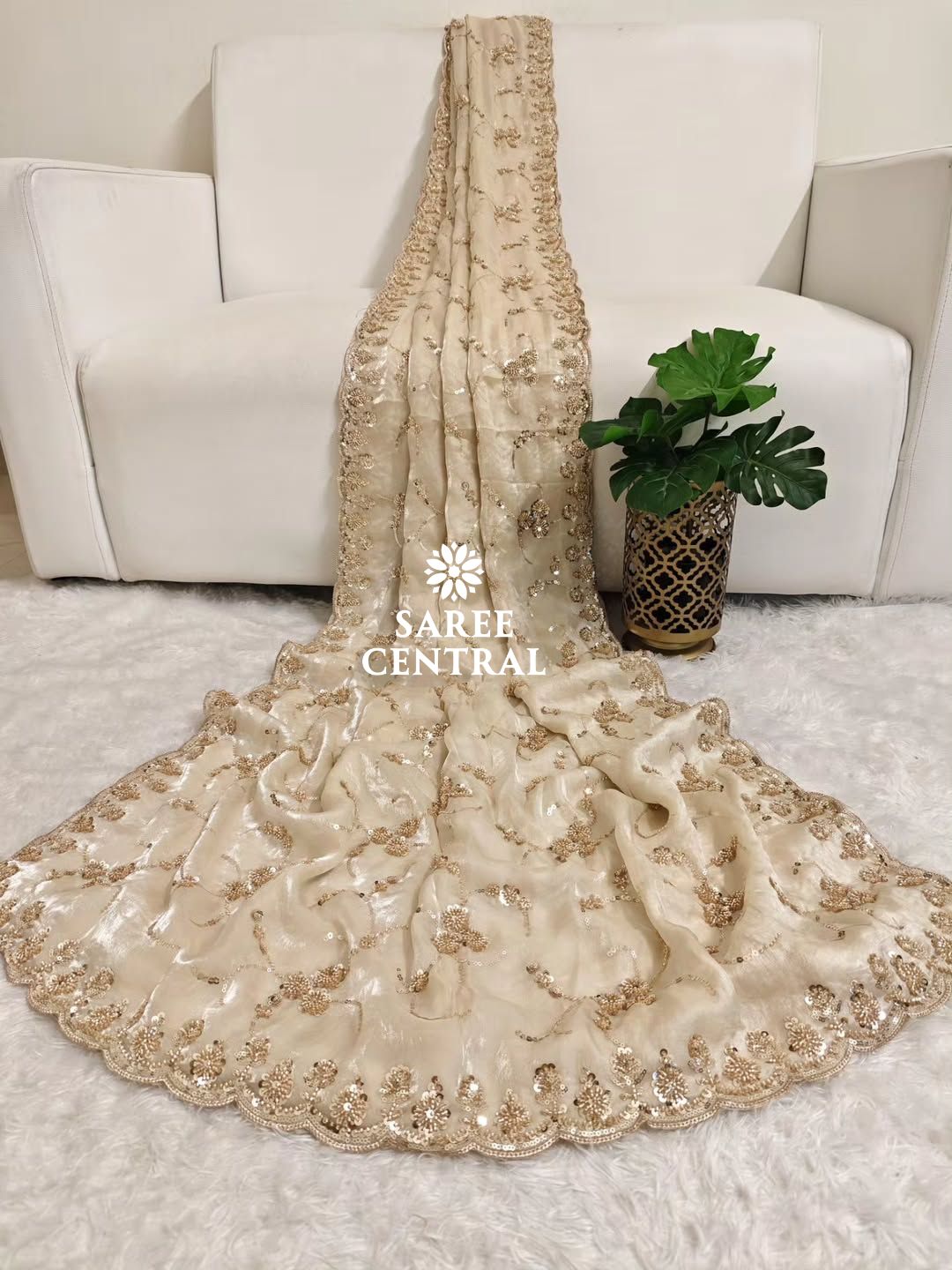 Ivory Pearl Ultra Luxury Fandy Satin Silk Saree with Gold Beads, Cutdana, Sequins Embroidery Work (SC22112)