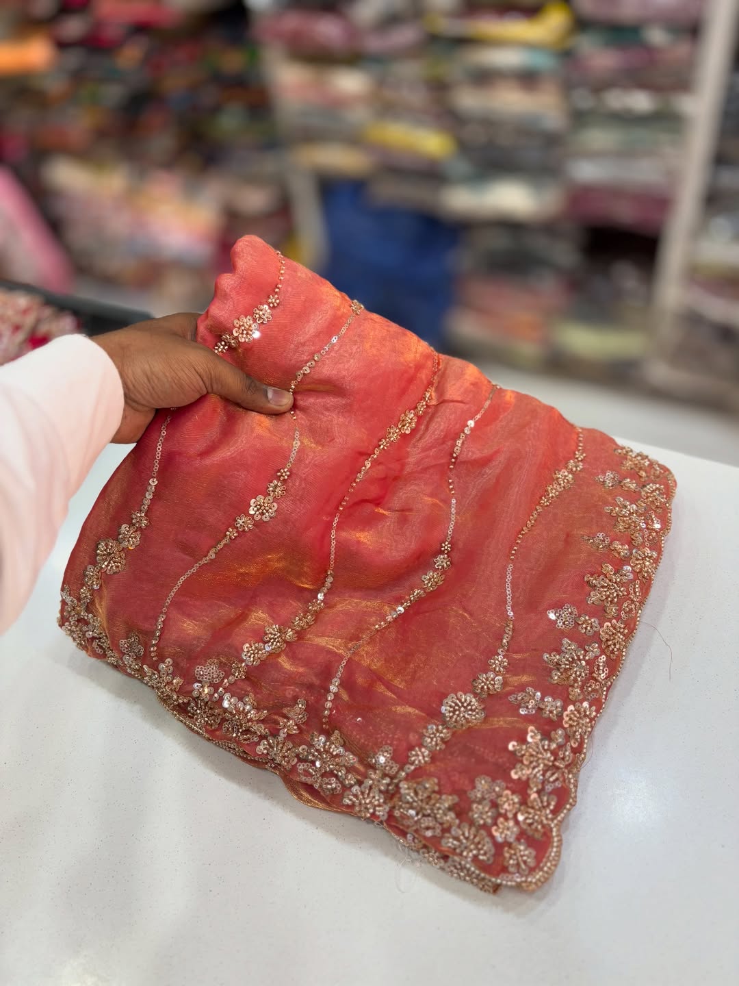 Peach Premium Fandy Satin Silk Saree with Gold Beads, Cutdana, Sequins Embroidery Work (SC35113) - Image 6