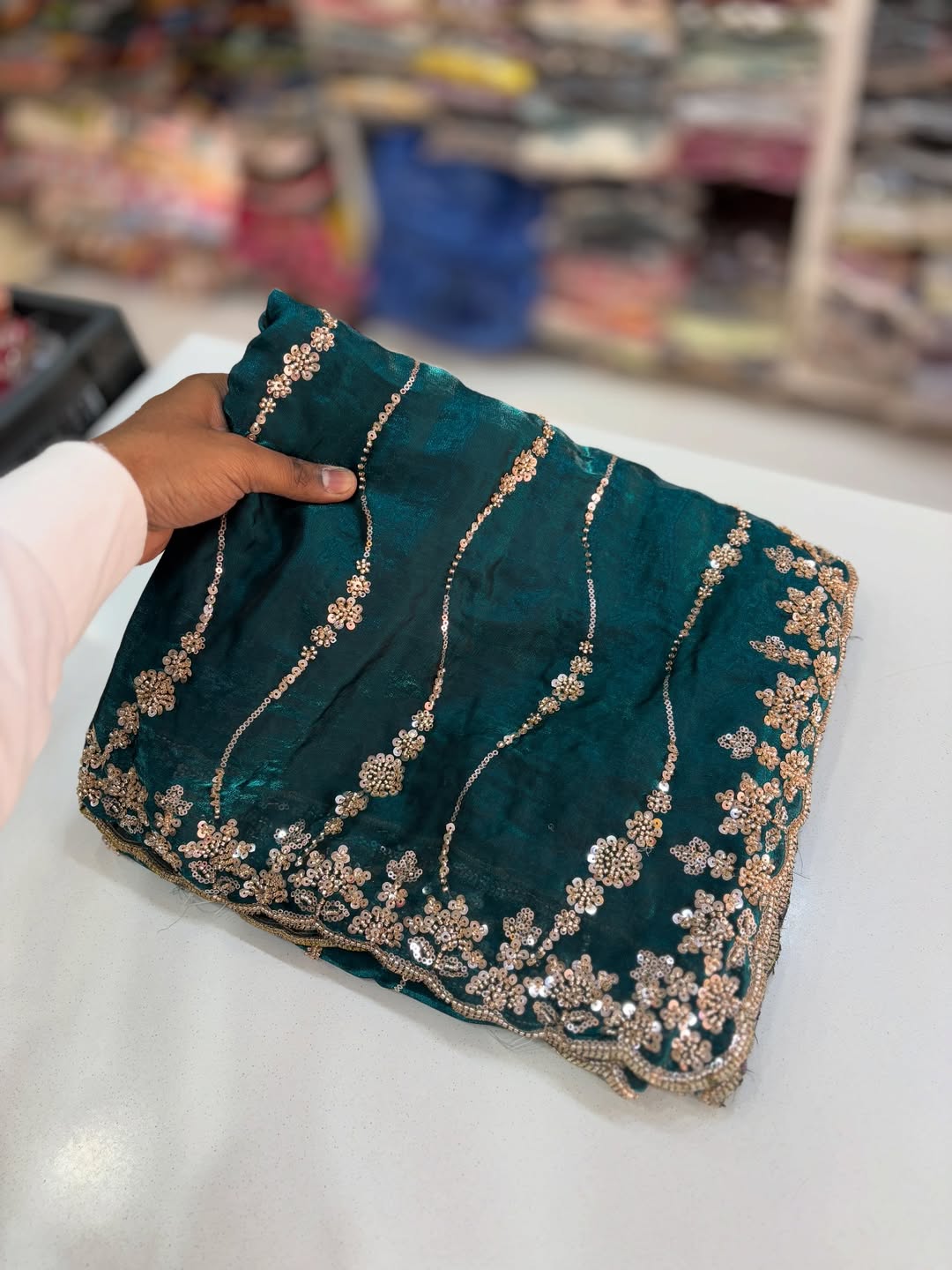 Dark Green Premium Fandy Satin Silk Saree with Gold Beads, Cutdana, Sequins Embroidery Work (SC35117)
