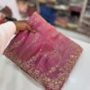 Pink Premium Fandy Satin Silk Saree with Gold Beads, Cutdana, Sequins Embroidery Work (SC35111)