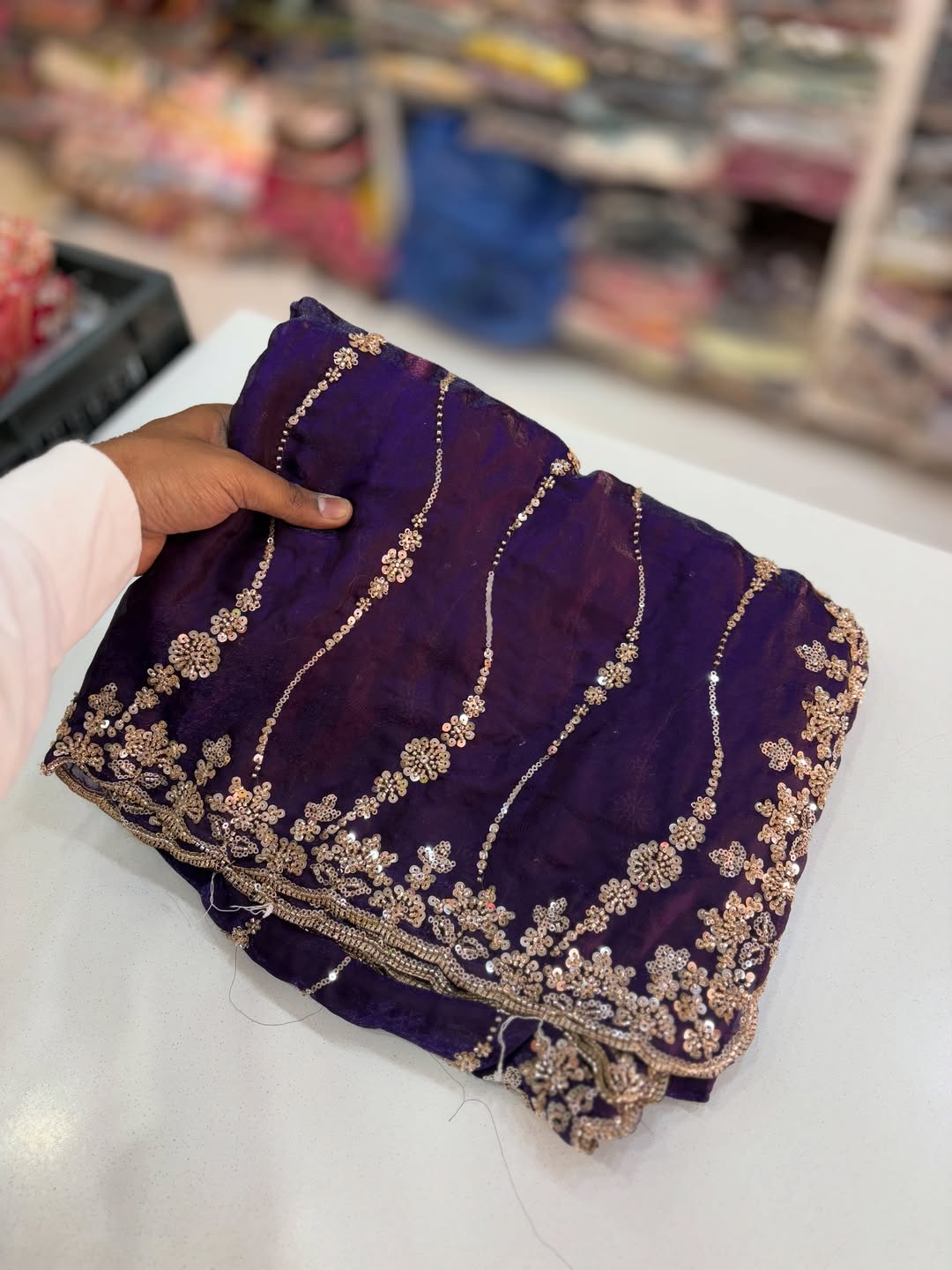 Premium Fandy Satin Silk Saree with Gold Beads, Cutdana, Sequins Embroidery Work (SC35110)