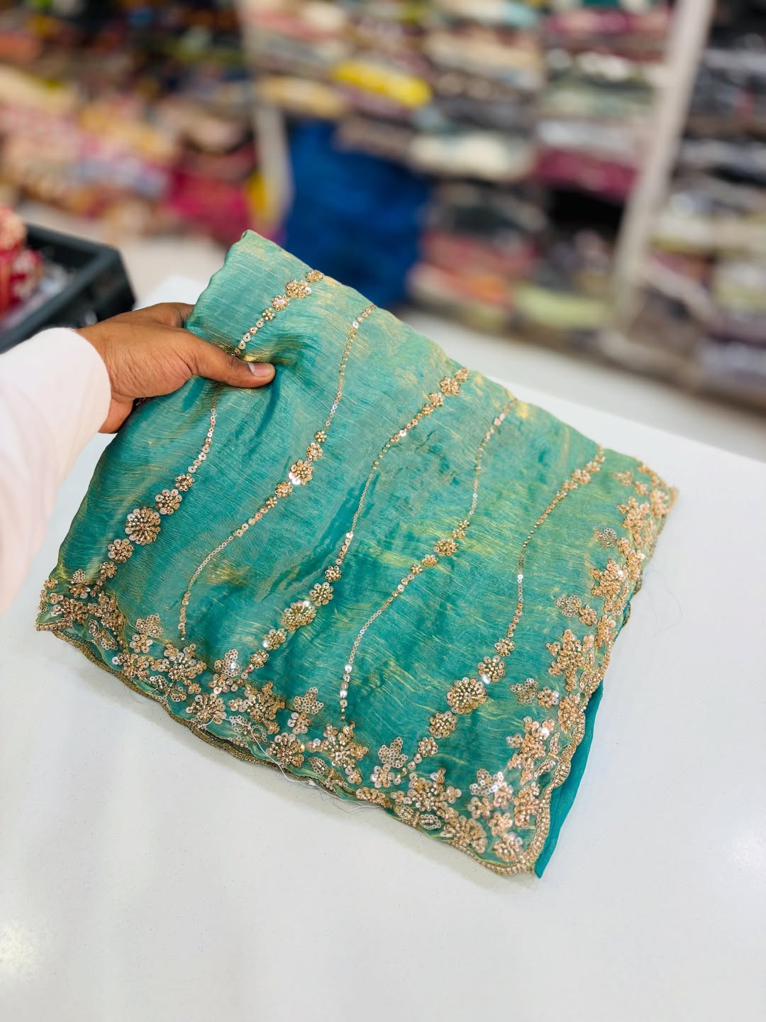 Ocean Blue Premium Fandy Satin Silk Saree with Gold Beads, Cutdana, Sequins Embroidery Work (SC35114)