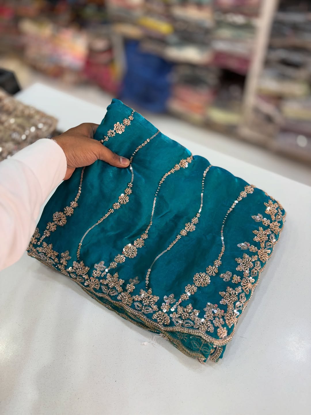 Teal Premium Fandy Satin Silk Saree with Gold Beads, Cutdana, Sequins Embroidery Work (SC35115)
