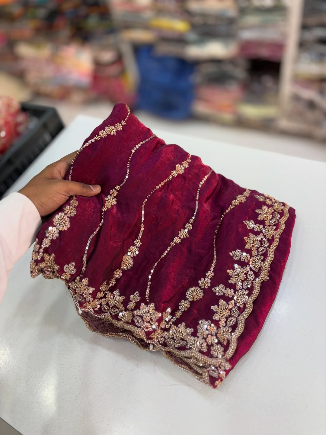 Maroon Premium Fandy Satin Silk Saree with Gold Beads, Cutdana, Sequins Embroidery Work (SC35119) - Image 6