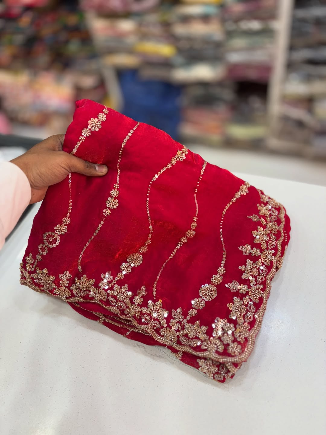 Red Premium Fandy Satin Silk Saree with Gold Beads, Cutdana, Sequins Embroidery Work (SC35118) - Image 6