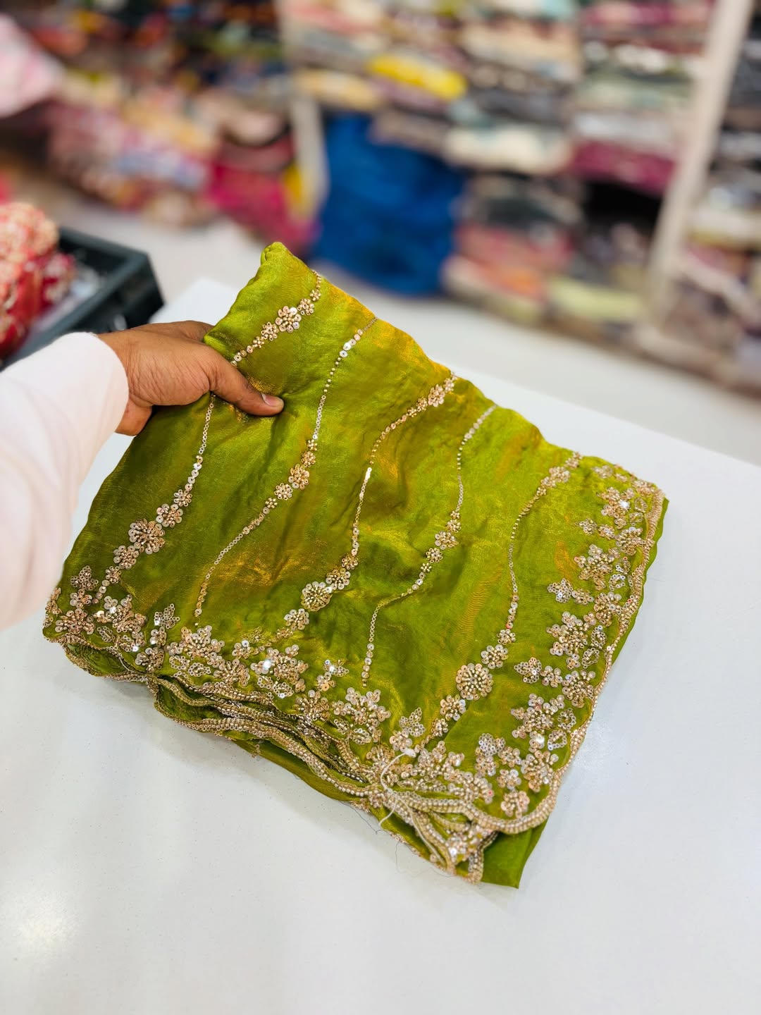 Green Premium Fandy Satin Silk Saree with Gold Beads, Cutdana, Sequins Embroidery Work (SC35112)