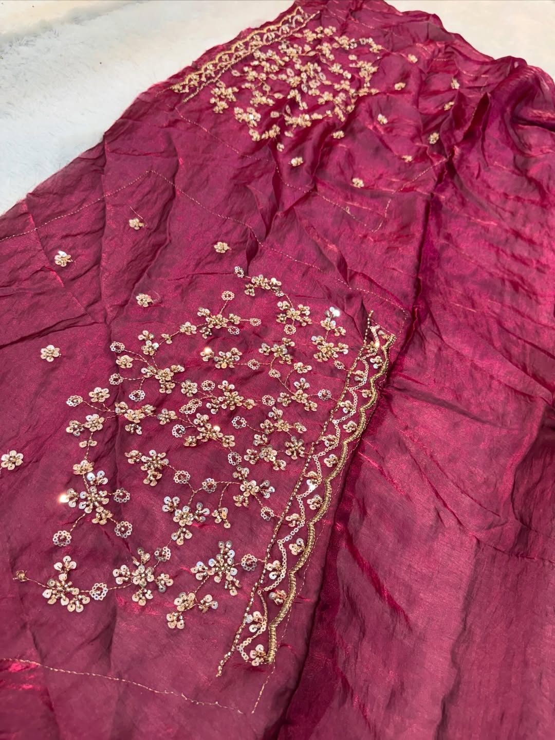 Ultra Luxury Maroon Fandy Satin Silk Saree with Gold Beads, Cutdana, Sequins Embroidery Work (SC38116) - Image 5